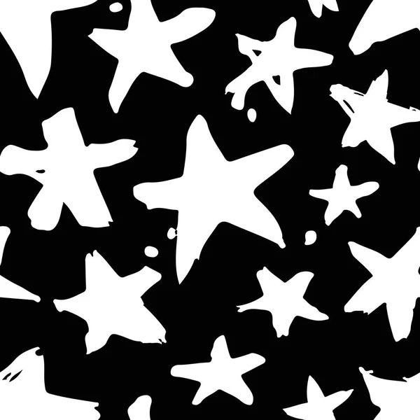 Pintura dibujada a mano patrón sin costura. Fondo estrellas en blanco y negro — Vector de stock