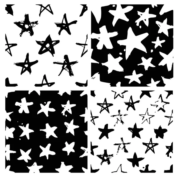 Conjunto de desenho à mão padrão sem costura pintura. Preto e branco estrelas fundo — Vetor de Stock