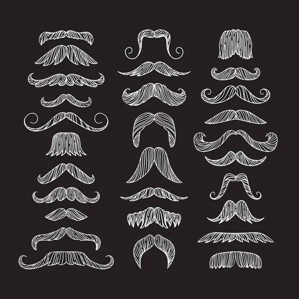 Set of hand drawn old fashion mustaches. Black contour artistic drawing. Actual hipster vector. Male barber sahop illustration — Stock Vector