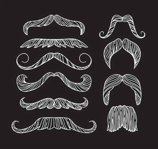 Set of hand drawn old fashion mustaches. Black contour artistic drawing. Actual hipster vector. Male barber sahop illustration — Stock Vector