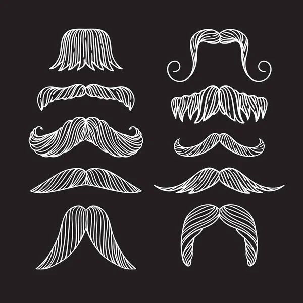 Set of hand drawn old fashion mustaches. Black contour artistic drawing. Actual hipster vector. Male barber sahop illustration — Stock Vector