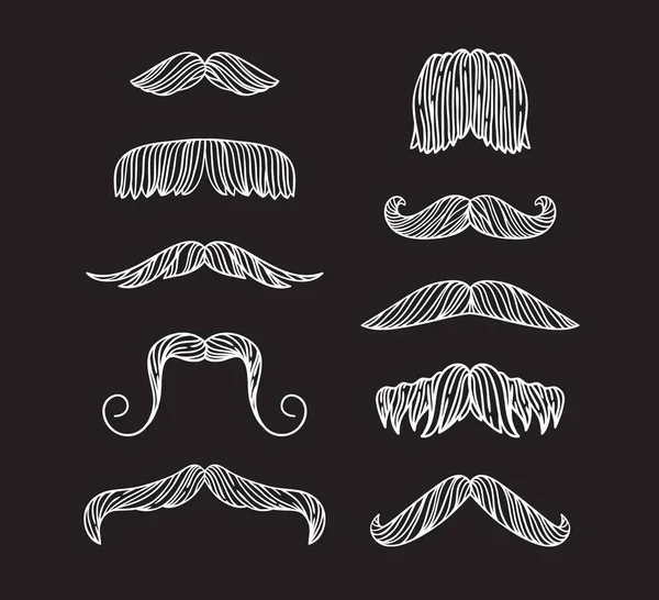 Set of hand drawn old fashion mustaches. Black contour artistic drawing. Actual hipster vector. Male barber sahop illustration — Stock Vector