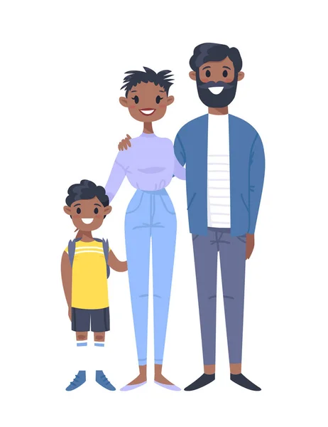 Young couple with son. Hand drawn black woman, man and boy. Flat style vector illustration family. Cartoon characters — Stock Vector