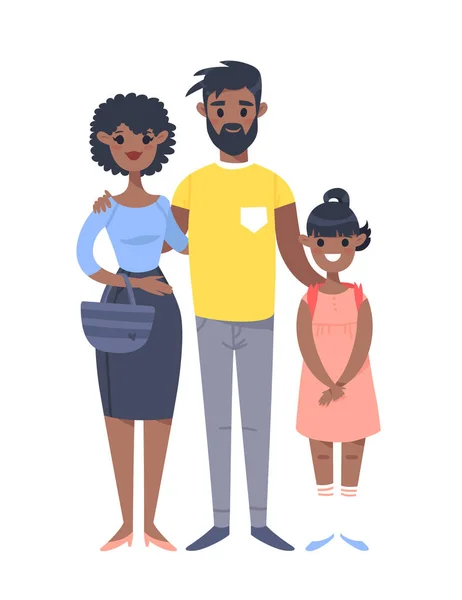 Young couple with daughter. Hand drawn black woman, man and girl. Flat style vector illustration family. Cartoon characters — Stock Vector