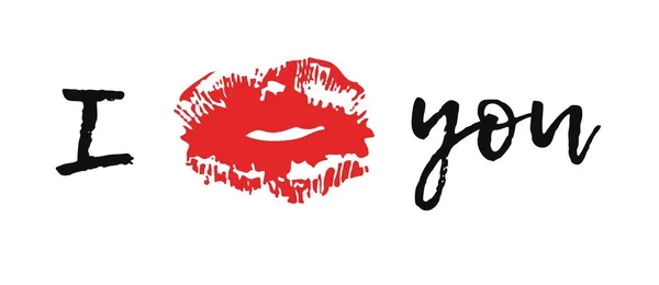 Mão desenhada moda ilustração batom beijo. Cartão vetorial feminino com lábios vermelhos — Vetor de Stock