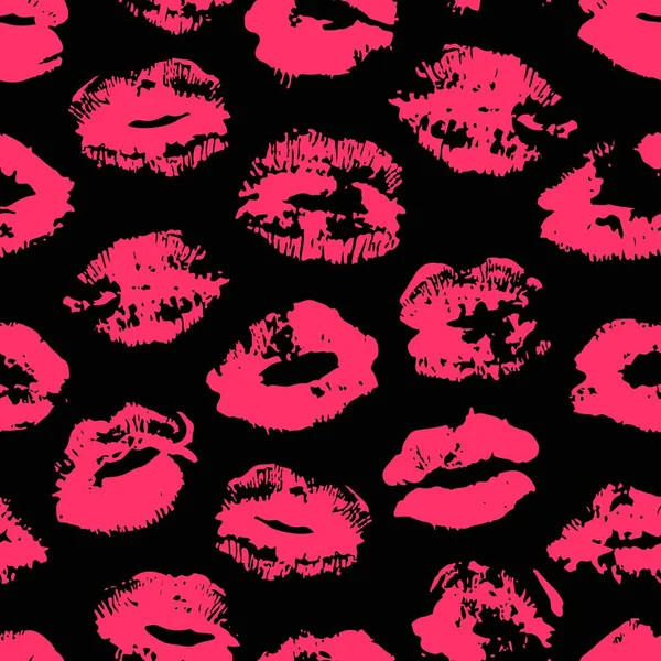 Hand getekende mode illustratie lippenstift kus. Vrouwelijke vector naadloze patroon met rode lippen — Stockvector
