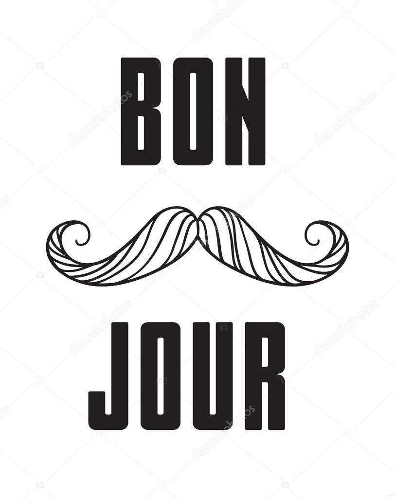Hand drawn old fashion mustaches illustration. Black contour artistic drawing. Actual hipster vector. Male barber shop print. Card with french text