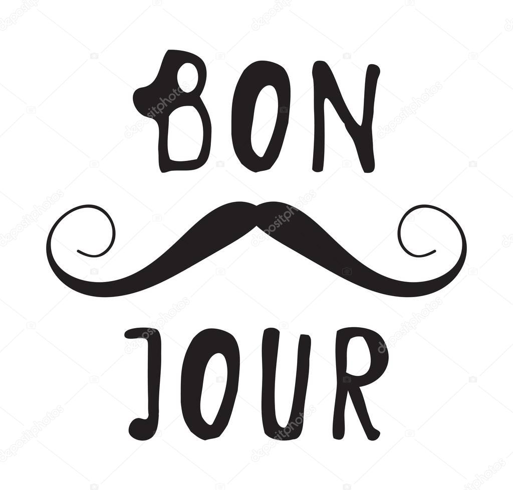 Hand drawn old fashion mustaches illustration. Black contour artistic drawing. Actual hipster vector. Male barber shop print. Card with french text