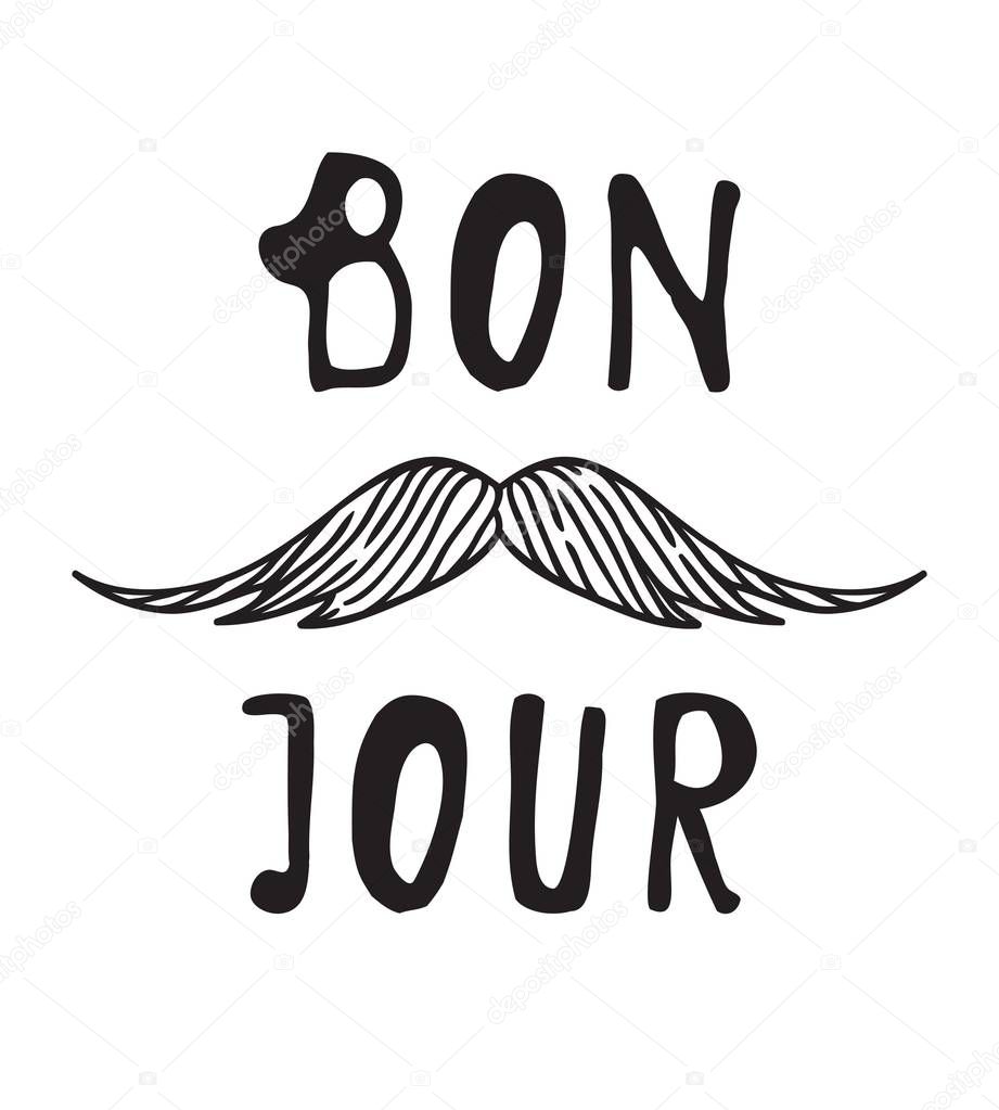 Hand drawn old fashion mustaches illustration. Black contour artistic drawing. Actual hipster vector. Male barber shop print. Card with french text