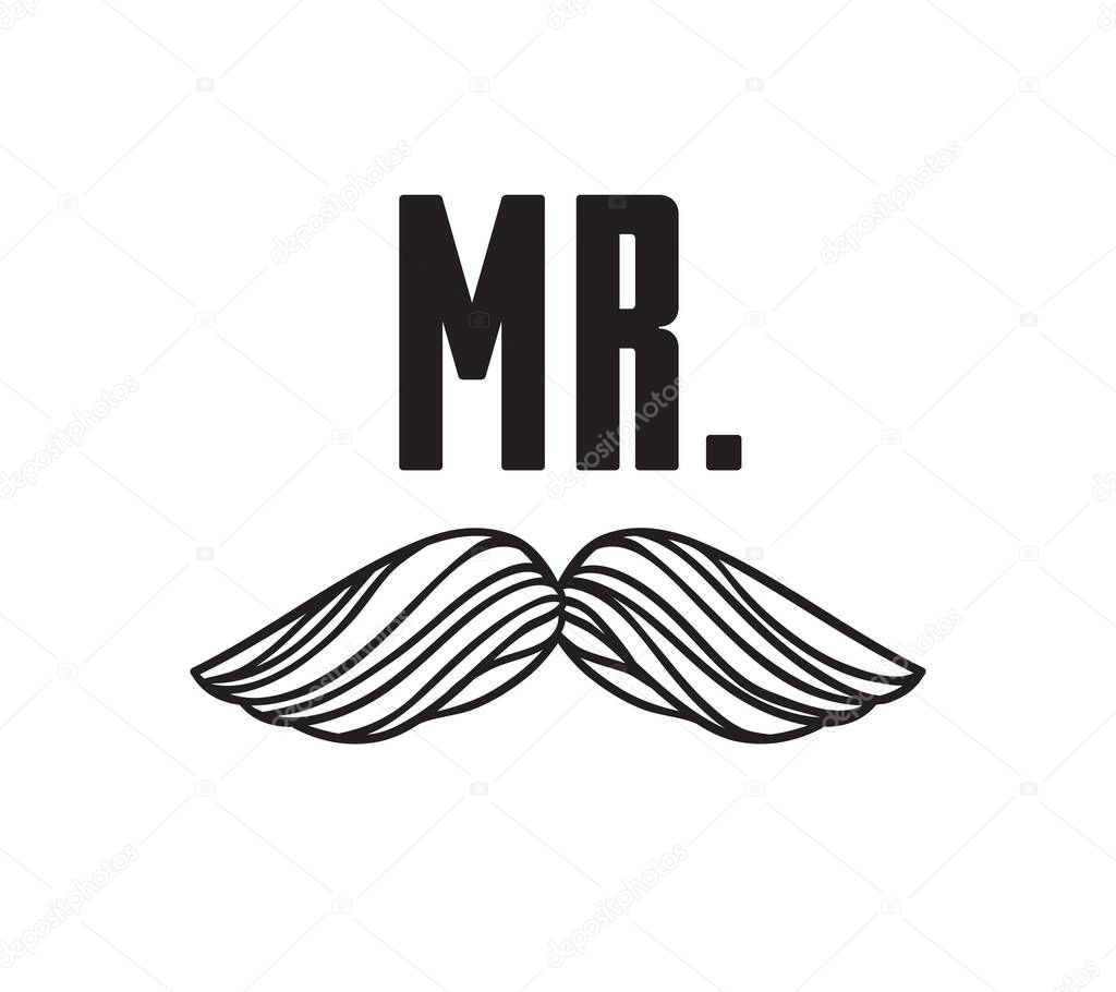Hand drawn old fashion mustaches illustration. Black contour artistic drawing. Actual hipster vector. Male barber shop print. Wedding card with text Mr