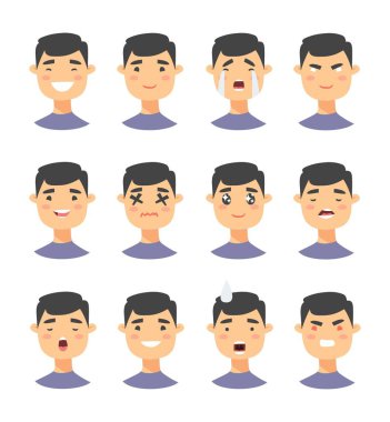 Erkek emoji karakter kümesi. Karikatür tarzı duygu simgeler. Farklı yüz ifadeleri ile izole erkek avatarları. Düz illüstrasyon mens duygusal yüzleri. Elle çizilmiş vektör