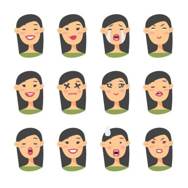Asya emoji karakter kümesi. Karikatür tarzı duygu simgeler. Kız avatarlar farklı yüz ifadeleri ile izole. Düz illüstrasyon kadın duygusal yüzleri. Vektör çizim ifade el çekilmiş