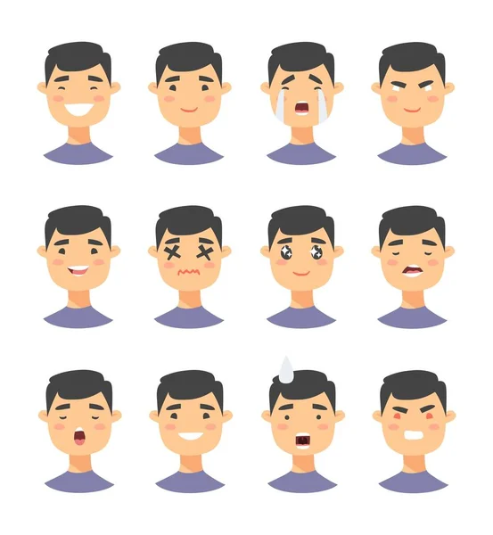 组男性表情符号字符。卡通风格表情图标。孤立的男孩头像与不同的面部表情。平面插画男装人脸情绪。手绘制的矢量 — 图库矢量图片