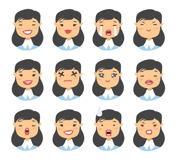 Sada asijské emotikony charakteru. Kreslený styl emoce ikony. Izolované dívka avatary s různými výrazy obličeje. Plochý obrázek Dámské emocionální tváří. Ručně kreslené vektorové kreslení emotikonu — Stockový vektor