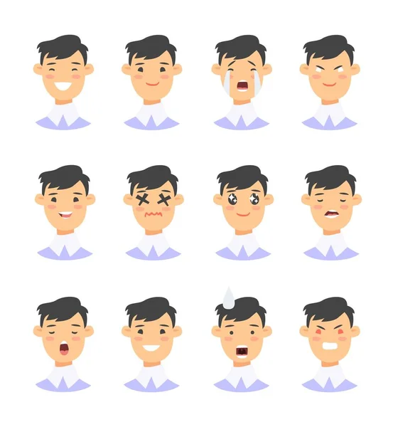 Conjunto de personajes masculinos emoji. Iconos de emoción estilo dibujos animados. Avatares chicos aislados con diferentes expresiones faciales. Ilustración plana mens caras emocionales. Vector dibujado a mano — Vector de stock