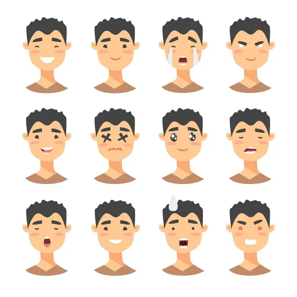 Férfi emoji karakterek sorozata. Rajzfilm stílusú emotion ikonok. Elszigetelt fiúk avatar különböző arckifejezéseket. Lapos illusztráció férfi érzelmi arcok. Kézzel rajzolt vektoros — Stock Vector