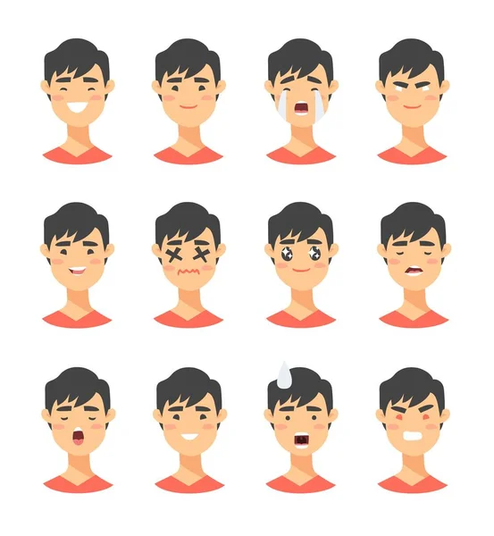 Conjunto de personajes masculinos emoji. Iconos de emoción estilo dibujos animados. Avatares chicos aislados con diferentes expresiones faciales. Ilustración plana mens caras emocionales. Vector dibujado a mano — Archivo Imágenes Vectoriales