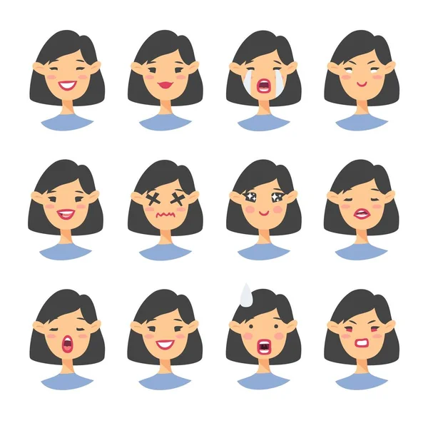 Conjunto de carácter emoji asiático. Iconos de emoción estilo dibujos animados. Avatares de chicas aisladas con diferentes expresiones faciales. Ilustración plana para mujeres caras emocionales. Emoticono dibujado a mano vector dibujo — Vector de stock