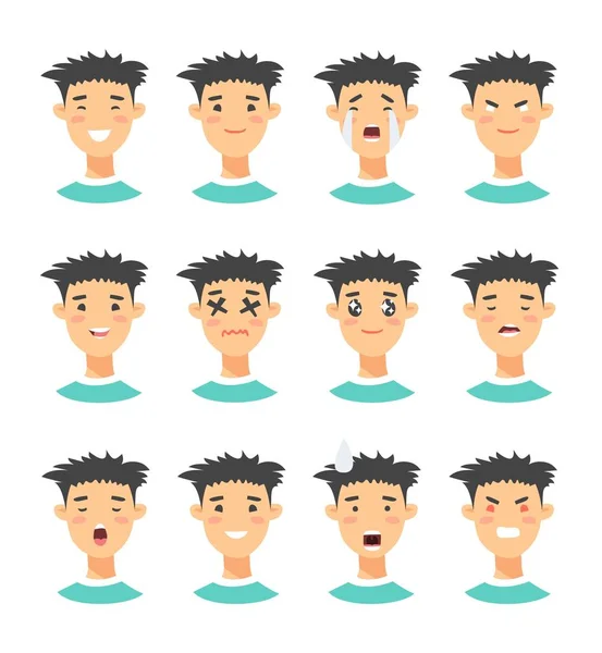 Conjunto de personagens emoji masculinos. Ícones de emoção estilo desenhos animados. Meninos isolados avatares com diferentes expressões faciais. Ilustração plana mens rostos emocionais. Vetor desenhado à mão — Vetor de Stock