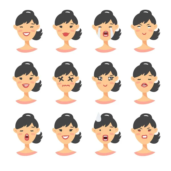 Conjunto de carácter emoji asiático. Iconos de emoción estilo dibujos animados. Avatares de chicas aisladas con diferentes expresiones faciales. Ilustración plana para mujeres caras emocionales. Emoticono dibujado a mano vector dibujo — Vector de stock