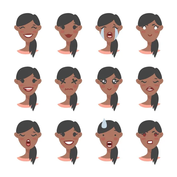 Conjunto de carácter emocional. Emoji estilo de dibujos animados. Avatares negros aislados con diferentes expresiones faciales. Ilustración plana caras de mujer. Vector dibujado a mano — Vector de stock