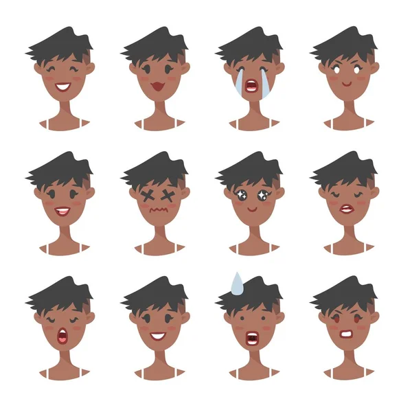 Conjunto de carácter emocional. Emoji estilo de dibujos animados. Avatares negros aislados con diferentes expresiones faciales. Ilustración plana caras de mujer. Vector dibujado a mano — Vector de stock