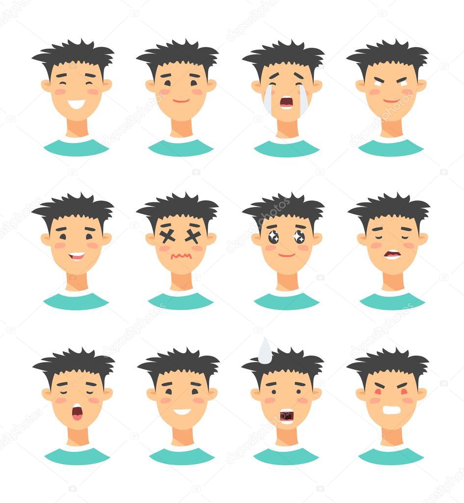 Set of male emoji characters. Cartoon style emotion icons. Isolated boys avatars with different facial expressions. Flat illustration mens emotional faces. Hand drawn vector