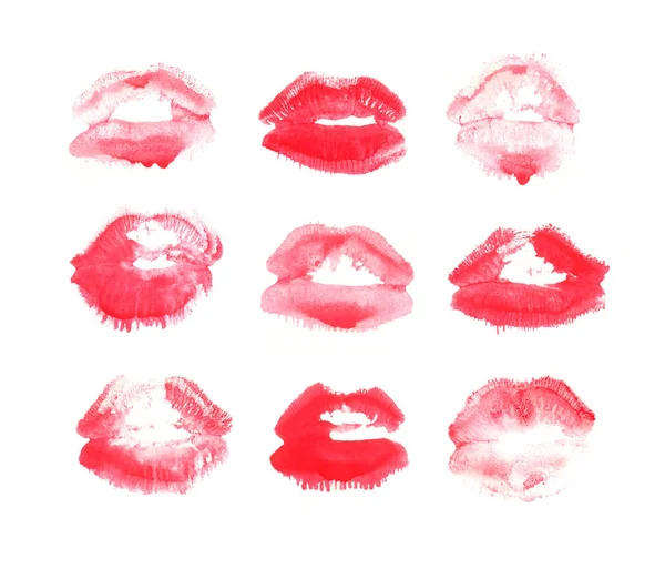 Ilustración dibujada a mano lápiz labial beso. Tarjeta femenina con labios rojos —  Fotos de Stock