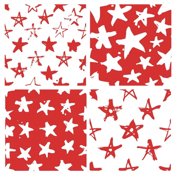 Conjunto de pintura dibujada a mano patrón sin costura. Dibujo de cepillo de estrellas rojas y blancas. Grunge Vector ilustración de arte. Día de la Independencia USA background — Vector de stock