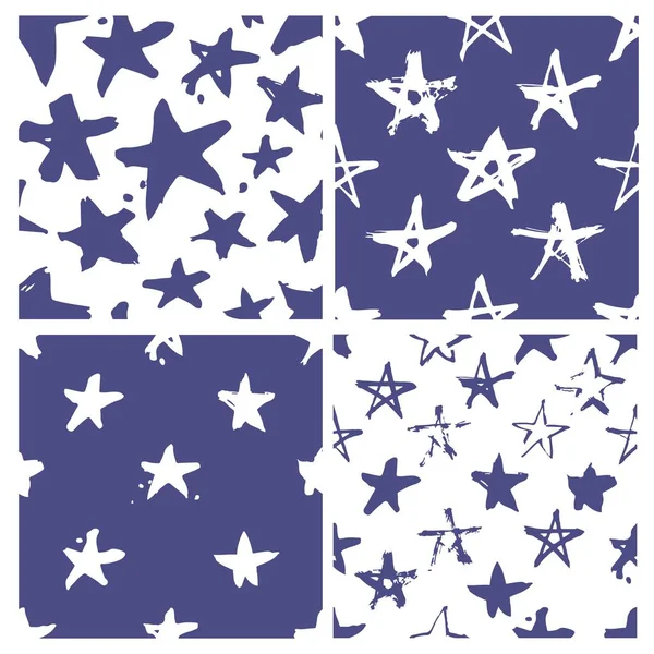 Zestaw wzór bezszwowe ciągnione farba ręcznie. Niebieskie i białe gwiazdy pędzel rysunek. Sztuka wektor ilustracja. Dzień Niepodległości Usa tło — Wektor stockowy