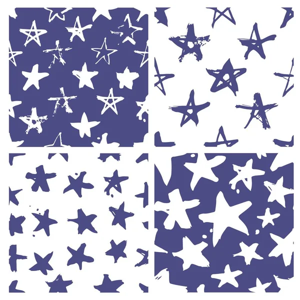 Conjunto de pintura dibujada a mano patrón sin costura. Dibujo de pincel estrellas azules y blancas. Grunge Vector ilustración de arte. Día de la Independencia USA background — Vector de stock