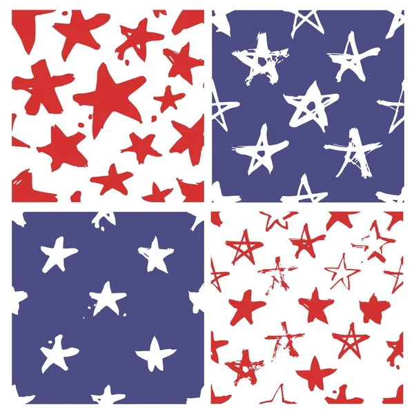 Conjunto de pintura dibujada a mano patrón sin costura. Dibujo de cepillo de estrellas rojas, azules y blancas. Grunge Vector ilustración de arte. Día de la Independencia USA background — Vector de stock