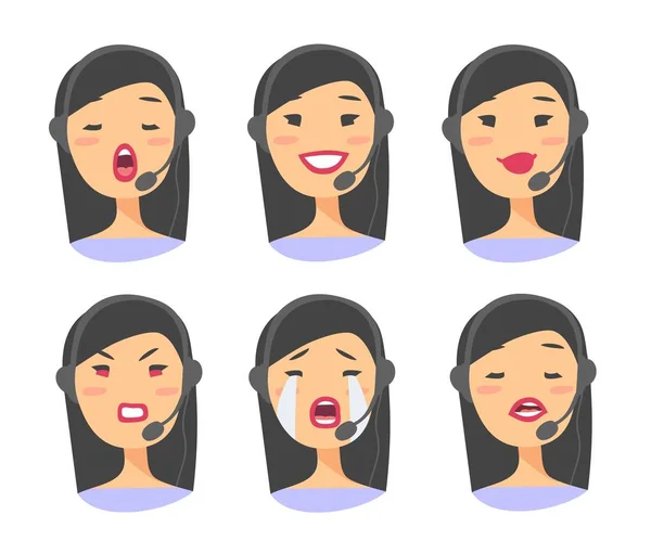 Retrato de feliz sonriente operador de teléfono de atención al cliente femenino. Trabajador del centro de llamadas con auriculares. Dibujos animados vector ilustración mujer asiática agente. Chica emoji avatar — Vector de stock