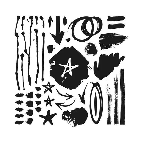 Set of hand drawn objects. Black on white background isolated. Abstract brush drawing. Vector art illustration grunge forms, frames, arrows, stars and other — Stock Vector