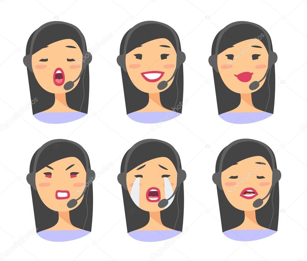 Portrait of happy smiling female customer support phone operator. Callcenter worker with headset. Cartoon vector illustration asian woman agent. Girl emoji avatar
