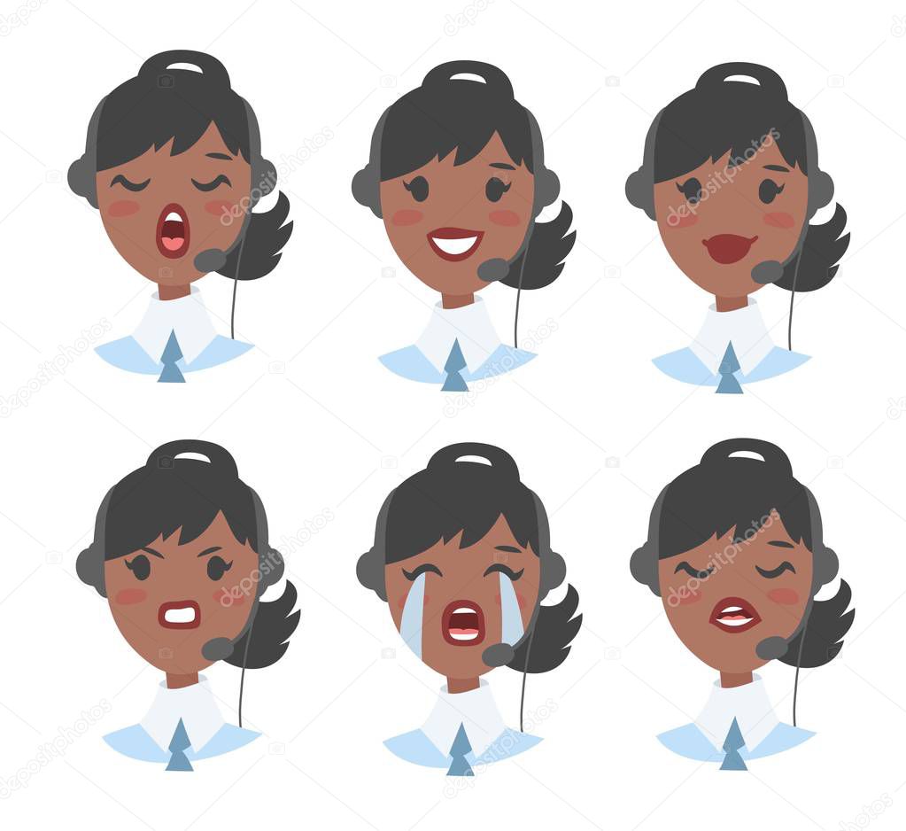 Portrait of happy smiling female customer support phone operator. Callcenter worker with headset. Cartoon vector illustration african woman agent. Girl emoji avatar