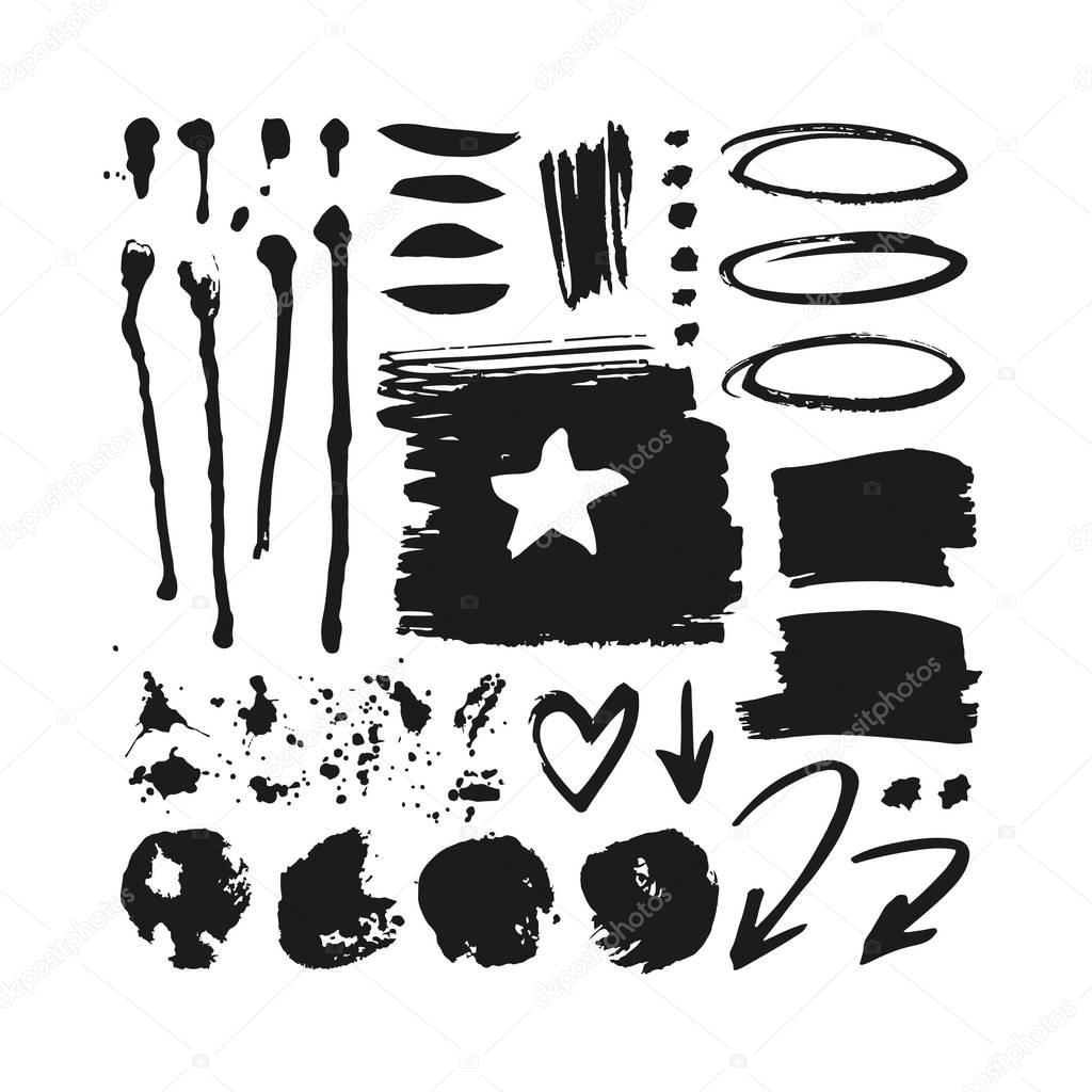 Set of hand drawn objects. Black on white background isolated. Abstract brush drawing. Vector art illustration grunge forms, frames, arrows, stars and other