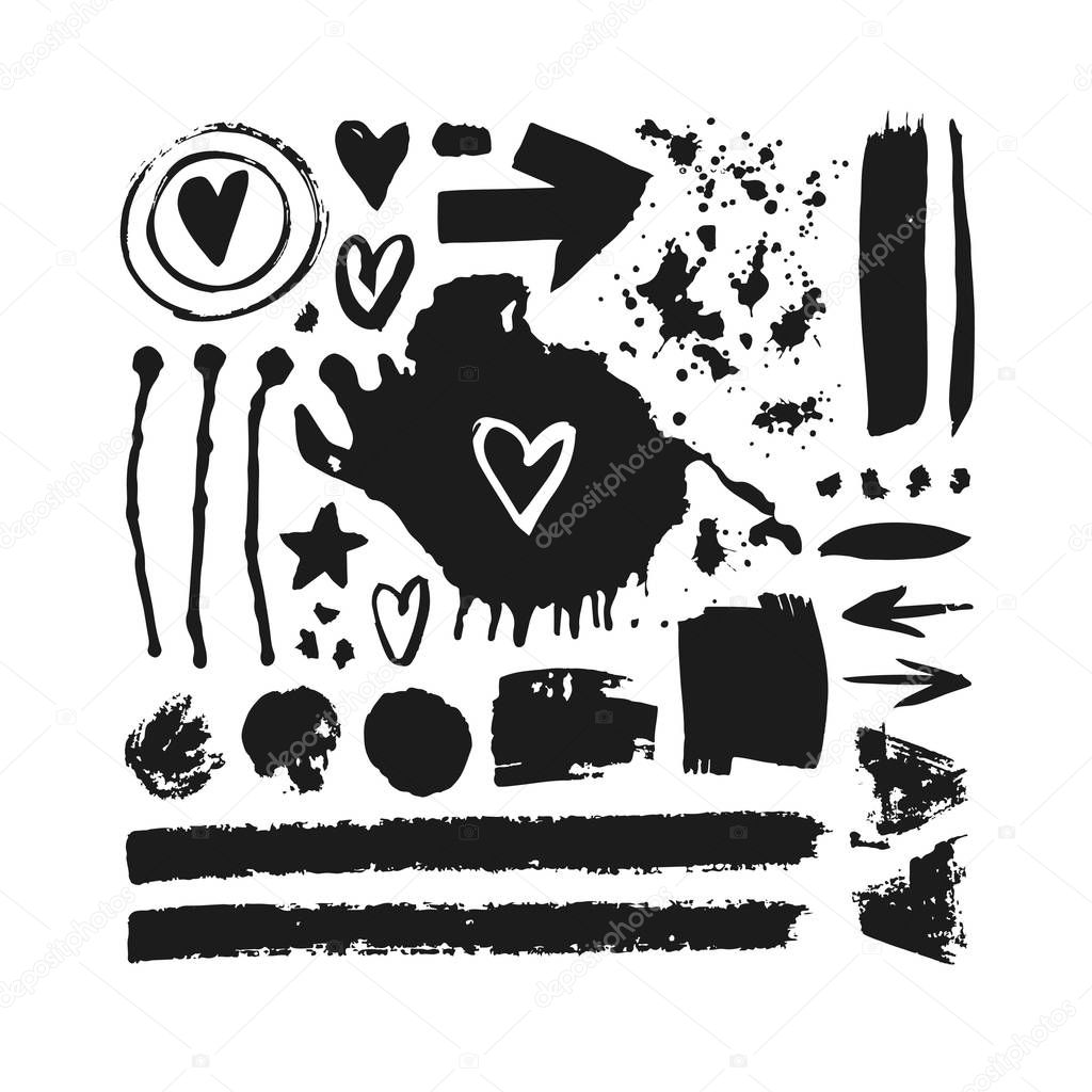 Set of hand drawn objects. Black on white background isolated. Abstract brush drawing. Vector art illustration grunge forms, frames, arrows, hearts, stars and other
