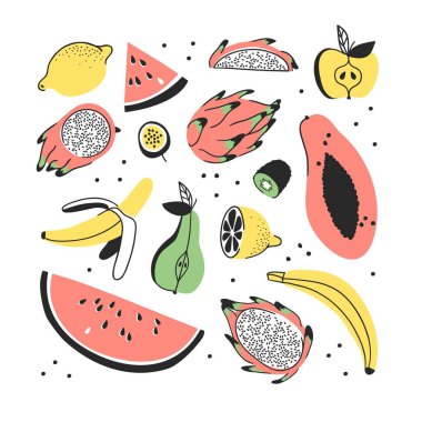 El tropikal meyve kümesi çekilmiş. Vektör yiyecek çizim sanatsal. Yaz illüstrasyon karpuz, papaya, muz, pitaya, armut, elma, limon, tutku meyve ve kivi
