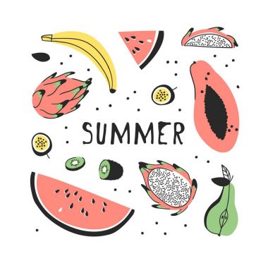 Tropikal meyve ve metin elle çizilmiş kümesi. Vektör yiyecek çizim sanatsal. Yaz illüstrasyon karpuz, papaya, muz, pitaya, armut, tutku meyve ve kivi