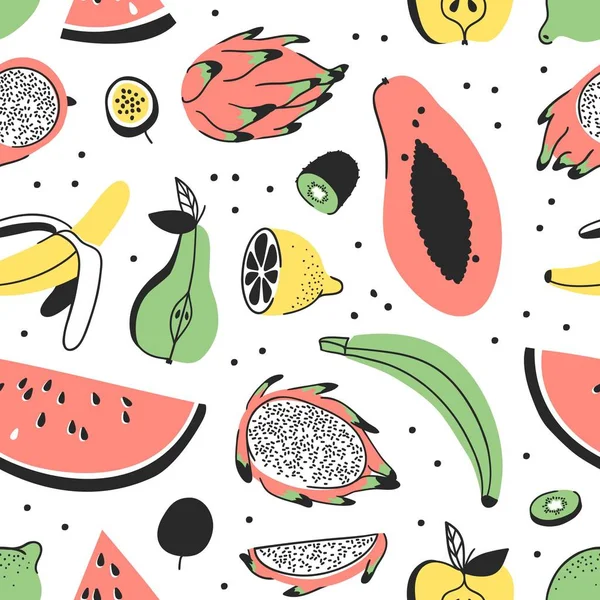 Conjunto dibujado a mano de frutas tropicales. Patrón artístico vectorial sin costuras con la comida. Ilustración de verano sandía, papaya, plátano, pitaya, pera, manzana, limón, fruta de la pasión y kiwi — Vector de stock