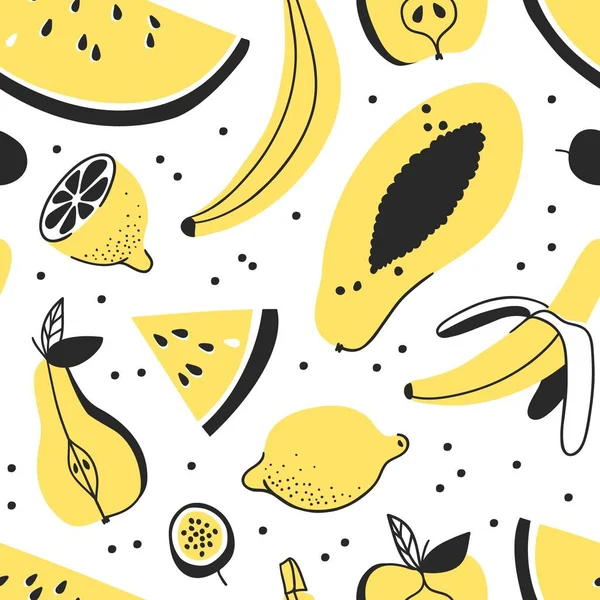 Ручной набор тропических фруктов. Векторный художественный бесшовный узор с едой. Арбуз, папайя, банан, груша, яблоко, лимон и маракуйя — стоковый вектор