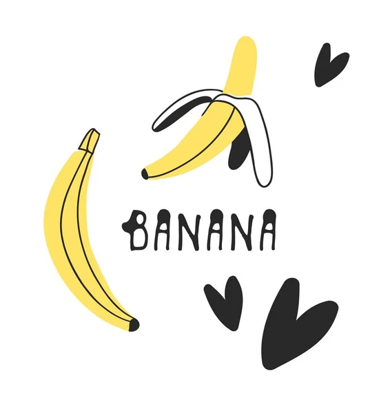 Conjunto desenhado à mão de frutas tropicais e texto. Vector desenho artístico comida. ilustração de verão banana —  Vetores de Stock