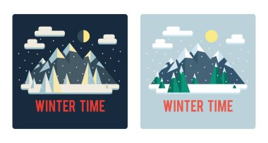 Kış manzaraları (gündüz ve gece) kümesi. Dağlar. Sevimli düz stil.