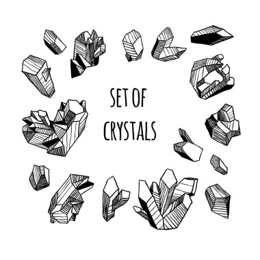 Kristalleri kümesi. Siyah kontur, beyaz arka plan.