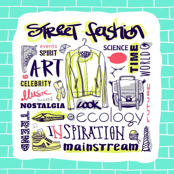 Vector set: street fashion, jacket, shoes, bag, text — Stock Vector