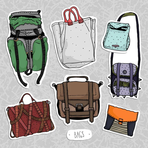 Colored vector set with original bags. Hand drawn fashion illustration. Actual drawing wear objects: backpack, portfolio, handbag, case — Stock Vector