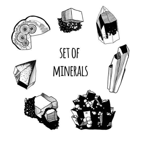 Set of minerals. Black contour, white background. — Stock Vector