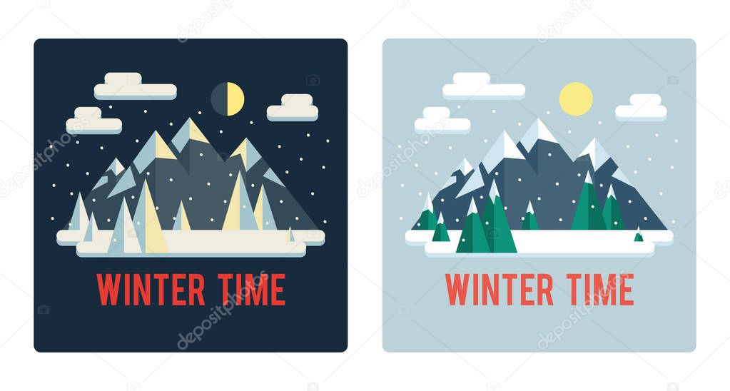 Set of winter landscapes (day and night). Mountains. Cute flat style.