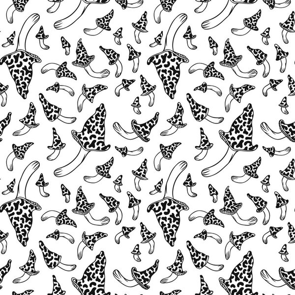 Ручной рисунок вектора. Бесшовный рисунок с мистическими грибами. Творческая работа черного контура. Ручной рисунок волшебных грибов. Бесшовный рисунок колдовства
.